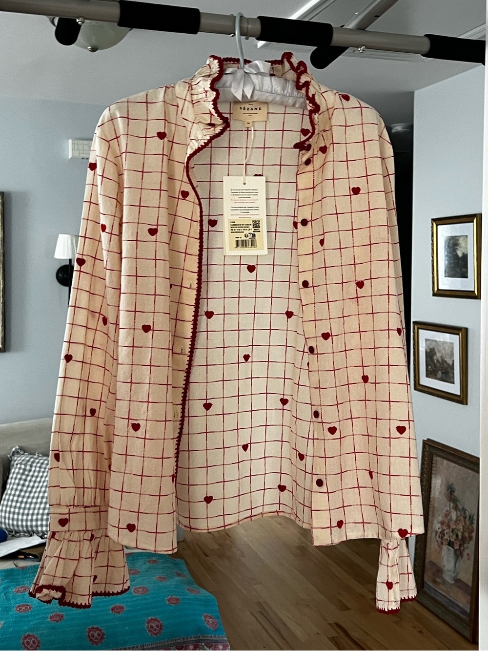 Sezane Lise Cream Blouse with Red Grid and Heart Motif
